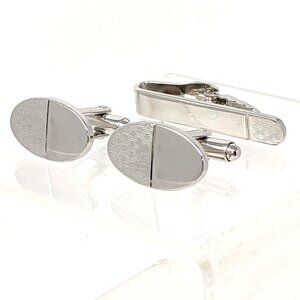 Shields Vintage Retro Cufflinks tie bar clip set Silver Tone Oval MCM signed